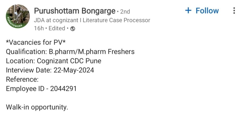 Cognizant Hiring in Pharmacovigilance at Pune