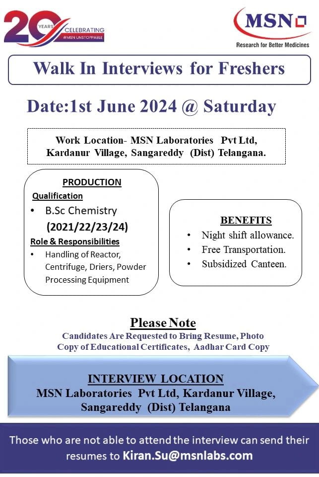 [Freshers] MSN Laboratories Hiring in Production for B.Sc Chemistry on 1st June 2024