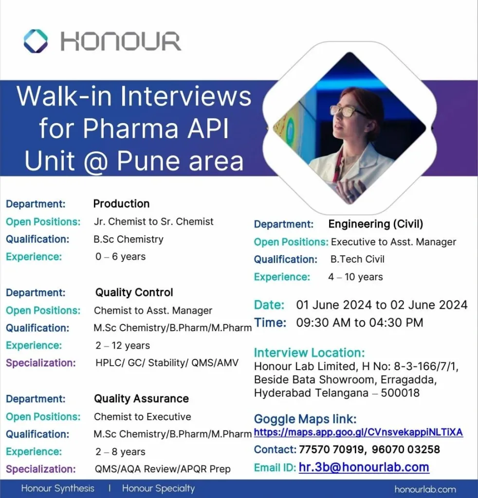 [Freshers & Experience] Honour Lab Hiring for Production/ QC/ QA/ Engineering (Pune)