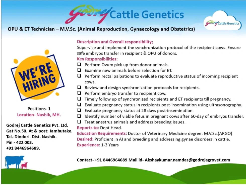 Godrej Cattle Genetics Hiring for OPU & ET Technician - M.V.Sc (Nashik)