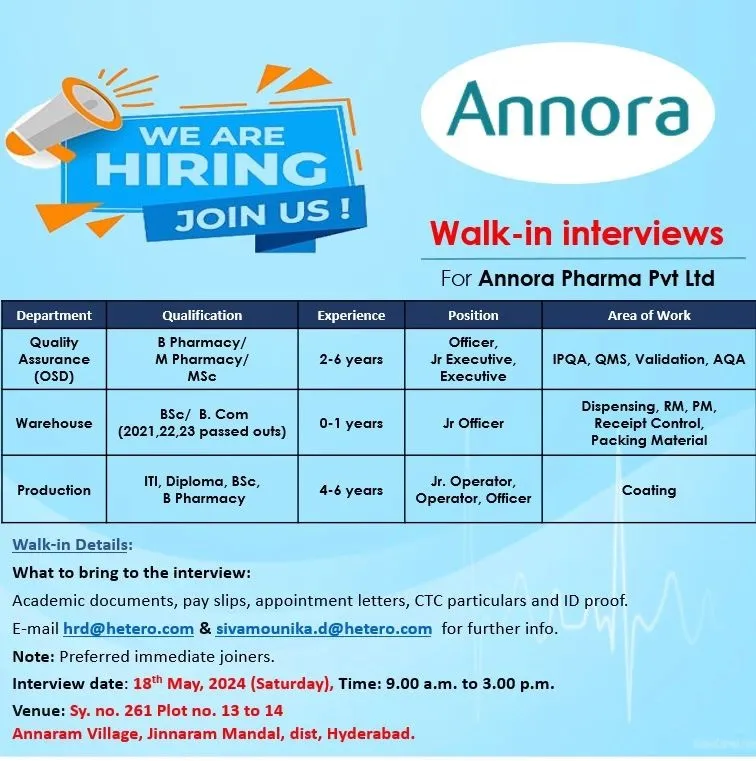 ANNORA Pharma Hiring for Quality Assurance / Production / Warehouse on 18th May 2024