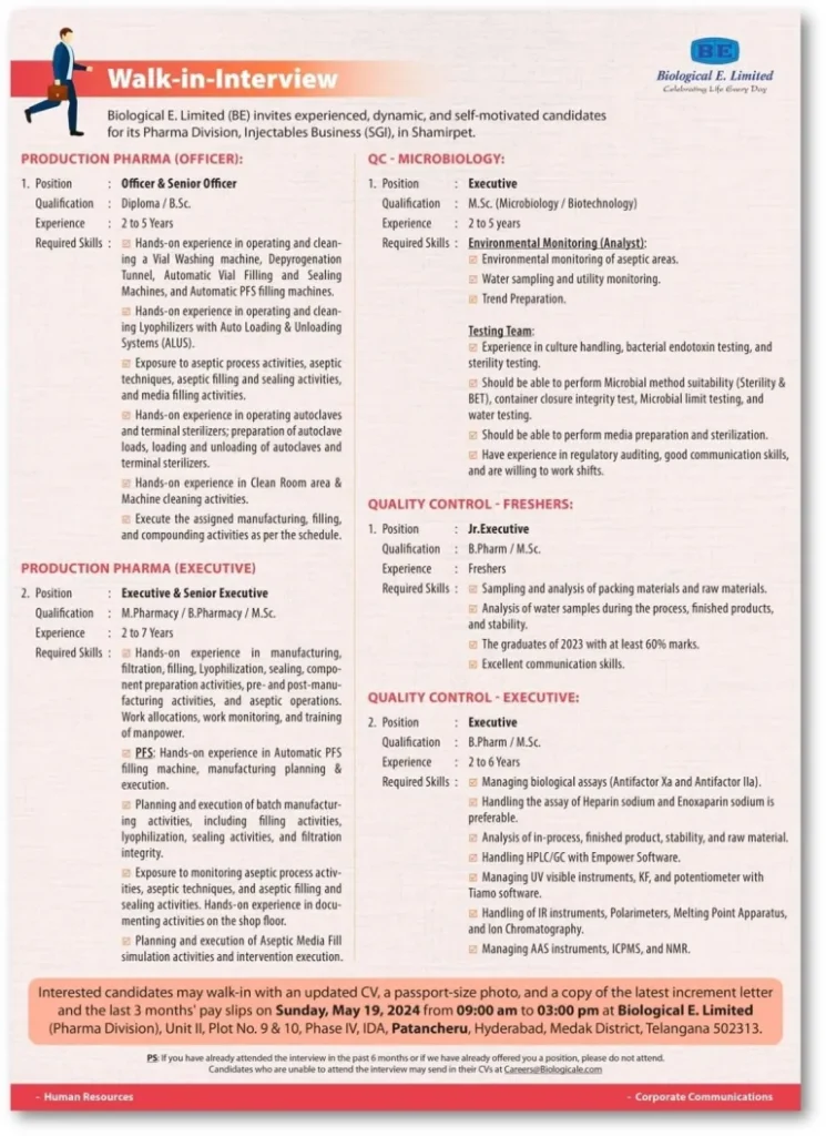 [Freshers & Experienced] Biological E. Limited Hiring for Production / QC-Micro / Quality Control