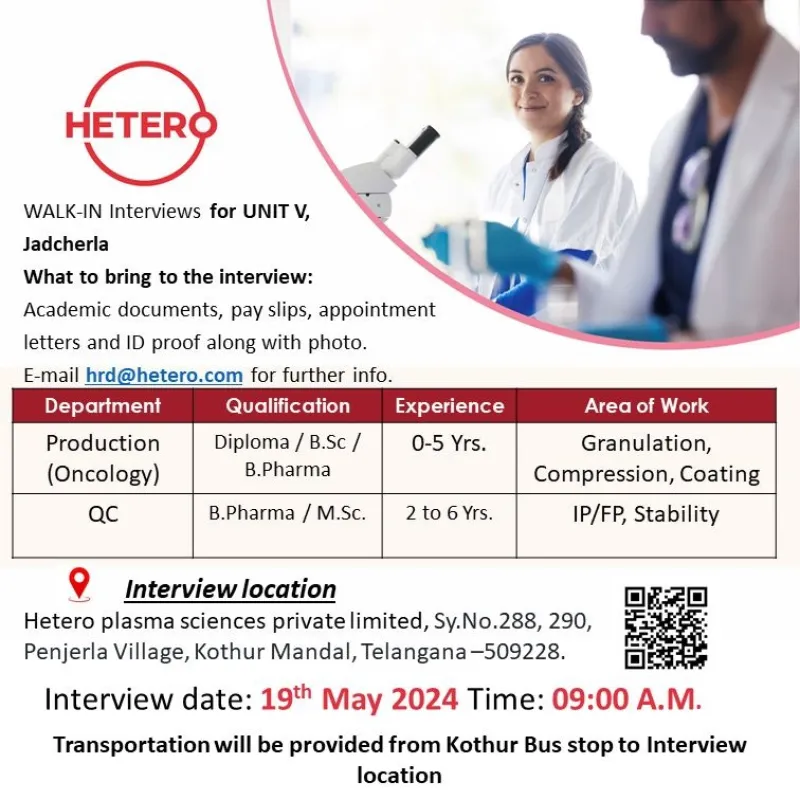 [Freshers & Experienced] Hetero Labs Hiring for in Production / Quality Control on 19th May 2024