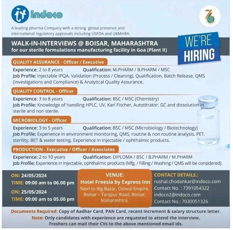 Indoco Remedies Hiring for Quality Assurance / Quality Control / Production / Microbiology on 24th & 25th May 2024