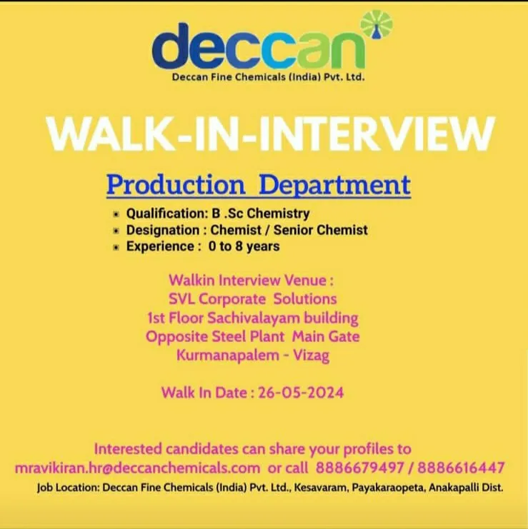 [Freshers & Experience] Deccan Fine Chemicals Hiring for Production on 26th May 2024