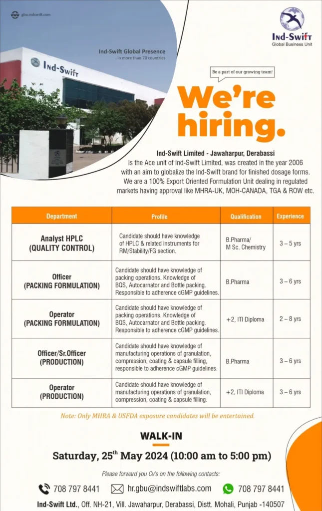 Ind-Swift Limited Hiring in QC / Packing / Production on 25th May 2024 (Apply on WhatsApp)