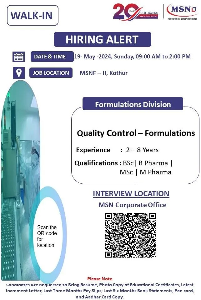 MSN Laboratories Hiring in Quality Control Formulation for B.Pharm, M.Pharm, B.Sc, M.Sc