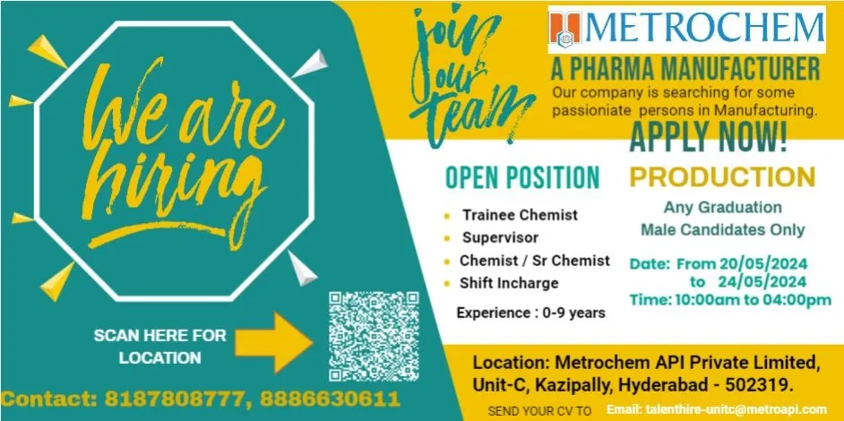 [Freshers & Experience] Metrochem Hiring in R&D / Production / AR&D on 23nd- 24th May 2024 @ Multiple Locations