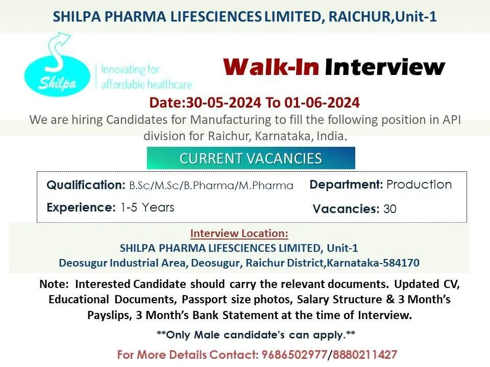 [30 Opening] Shilpa Pharma Lifesciences Hiring for Positions in API Division - Apply online