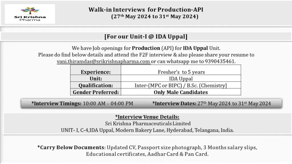 [Freshers & Experienced] Sri Krishna Pharma Hiring for Production [API] on 27th – 31st May 2024