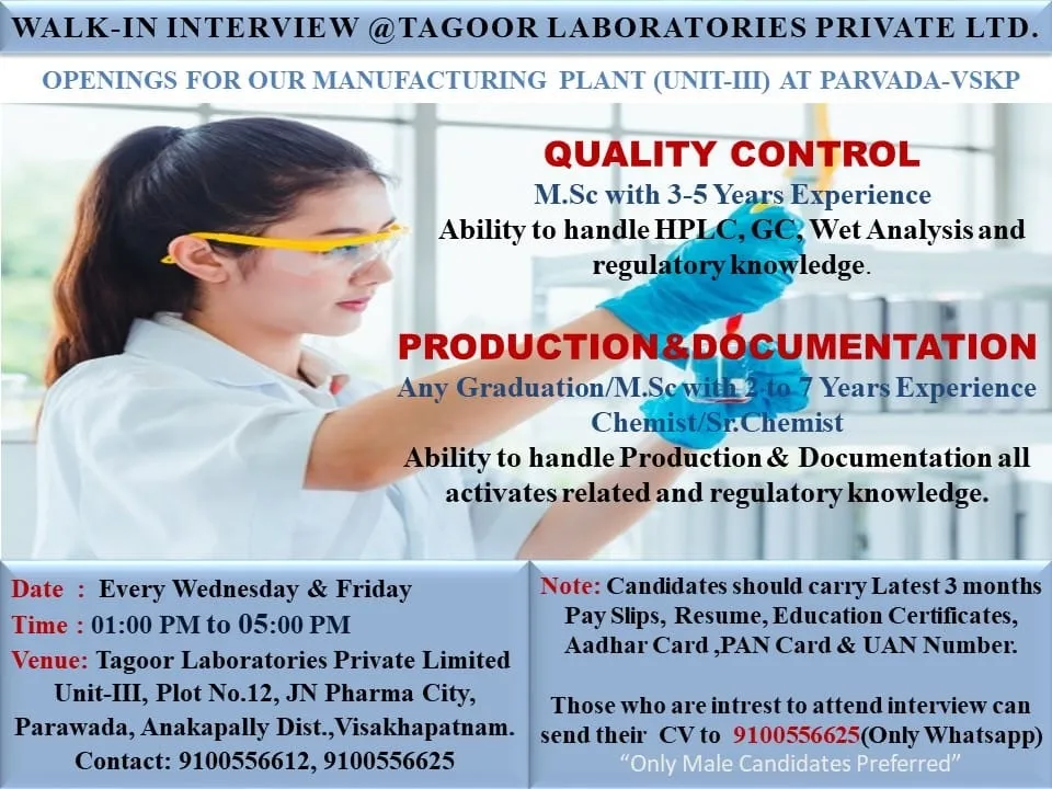 TAGOOR Laboratories Hiring for Quality Control / Production Documentation