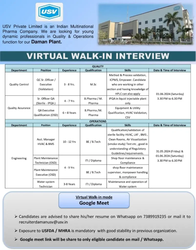 [Virtual Interview] USV Pvt. Ltd Hiring for QA, QC, Engineering (Google Meet)