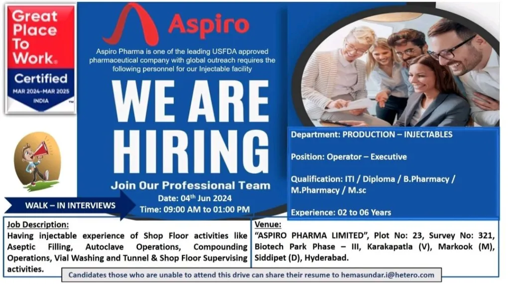 Aspiro Pharma Hiring for Production – Injectables-Operator – Executive