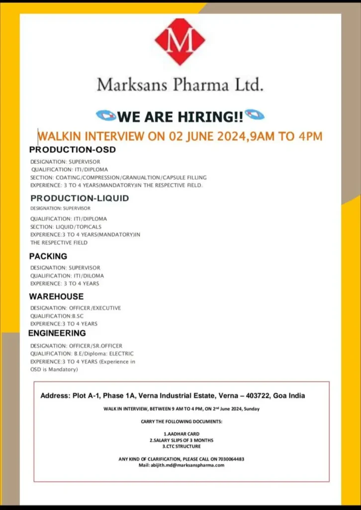 Marksans Pharma Hiring for Production/ Packing/ Warehouse/ Engineering (Goa) on 2nd June 2024