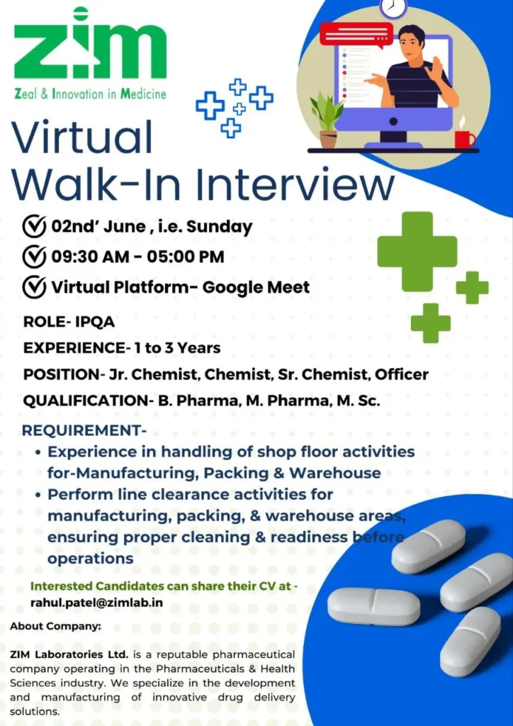 [Virtual Interview] Zim Laboratories Hiring in IPQA for M.Sc, B. Pharma, M. Pharma