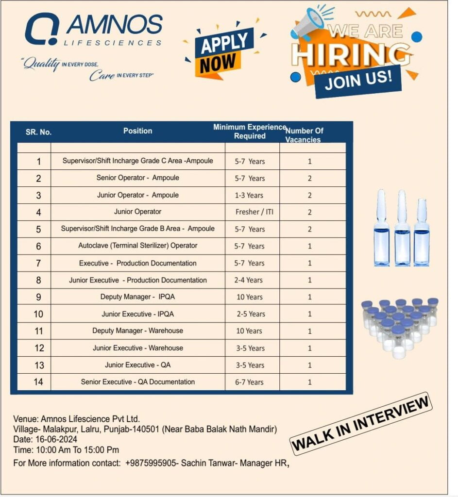 [15+ Vacancies] Amnos Lifesciences Hiring for Freshers & Experience