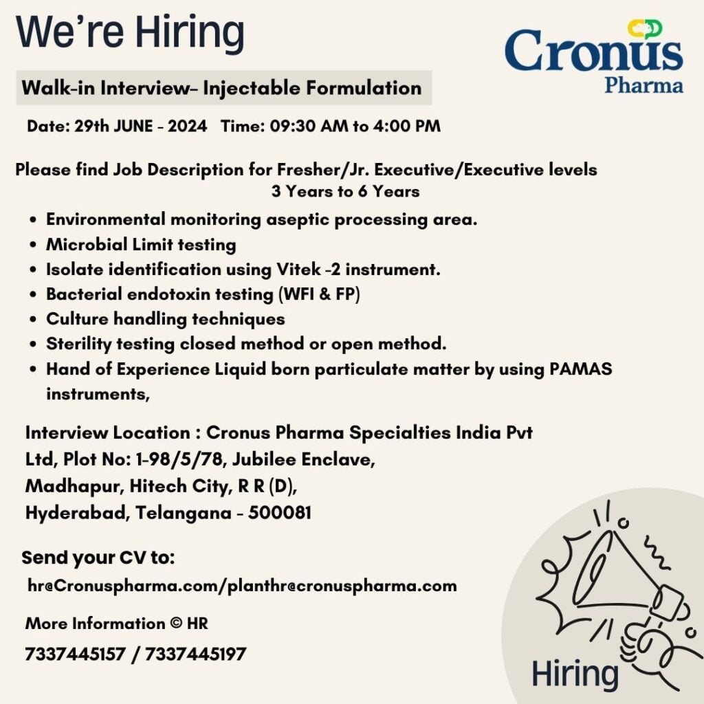Cronus Pharma Hiring for Fresher/ Jr. Executive/ Executive - Injectable Formulation Cronus Pharma Hiring for Fresher/ Jr. Executive/ Executive - Injectable Formulation