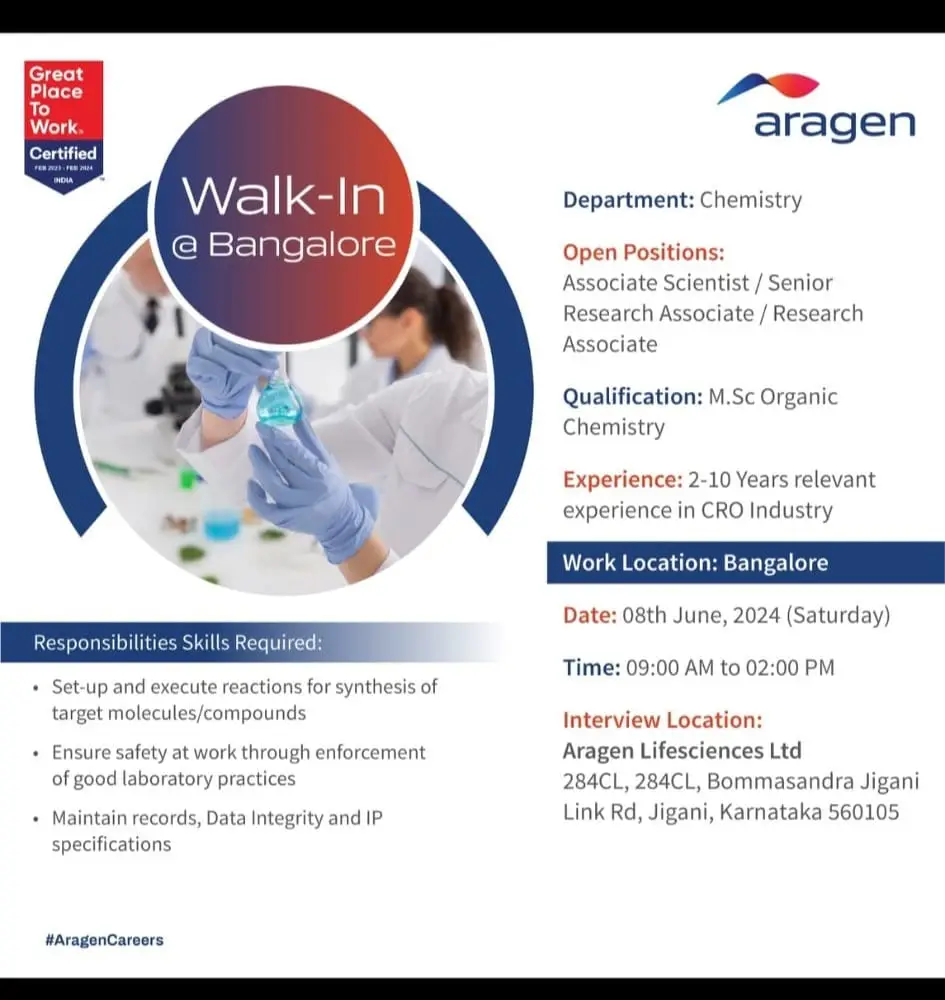 Aragen Life Sciences Hiring for Research Associate/ Sr Research Associate/ Associate Scientist