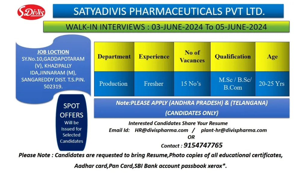 [Freshers Need] Divis Laboratories Hiring for Production on 3rd to 5th June 2024