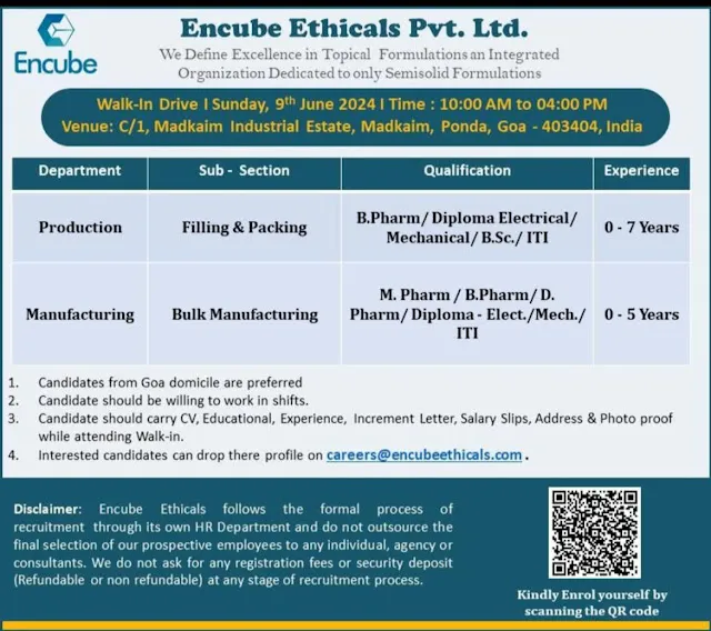 [FRESHERS] Encube Ethicals Hiring for Manufacturing/ Production @Goa