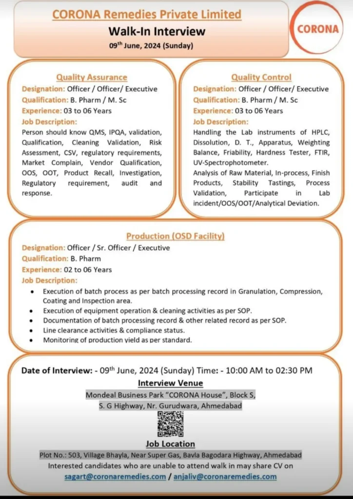 Corona Remedies Hiring for QA / QC / Production on 9th June 2024 Corona Remedies Hiring for QA / QC / Production on 9th June 2024