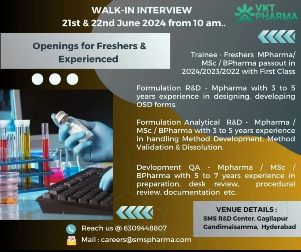 VKT Pharma Hiring for Fresher & Experienced MSc/ B Pharm/ M Pharm for Multiple Positions