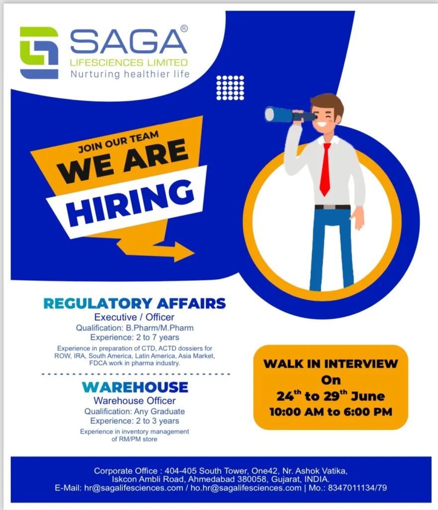 Saga Lifesciences Hiring for Regulatory Affairs/ Warehouse on 29th June Saga Lifesciences Hiring for Regulatory Affairs/ Warehouse on 29th June