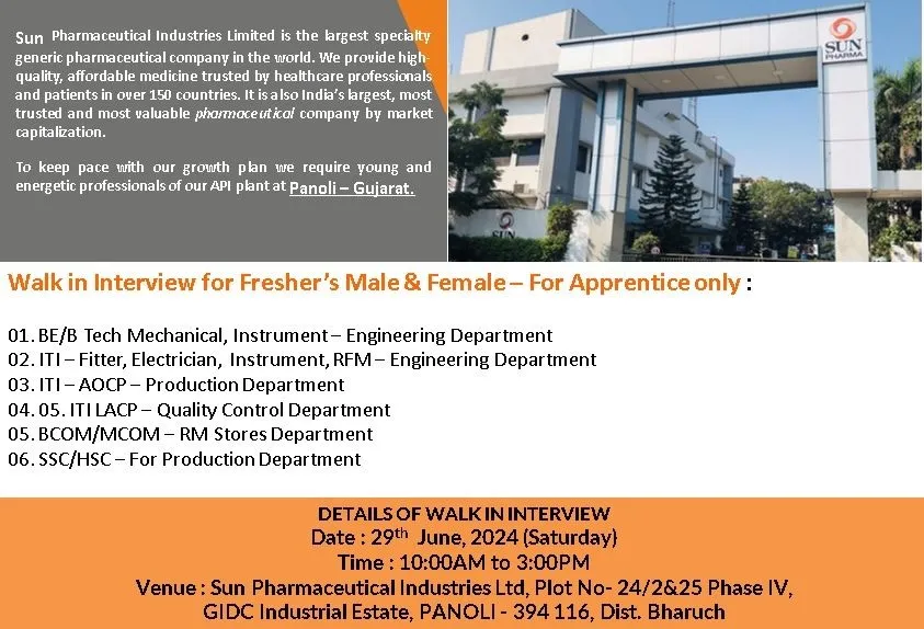 SUN PHARMA Hiring for FRESHERS Male & Female on 29th June’ 2024 SUN PHARMA Hiring for FRESHERS Male & Female on 29th June’ 2024