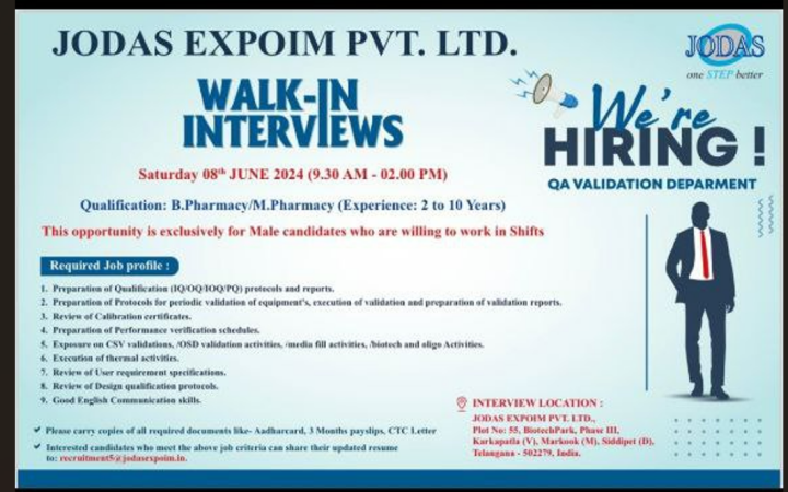 Jodas Expoim Hiring in QA for B.Pharm / M.Pharm on 8th June 2024