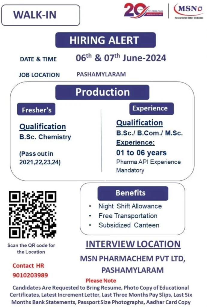 [Freshers/ Experienced] MSN Lab Hiring in Production for B.Sc, B.Com, M.Sc. on 6th - 7th June 2024