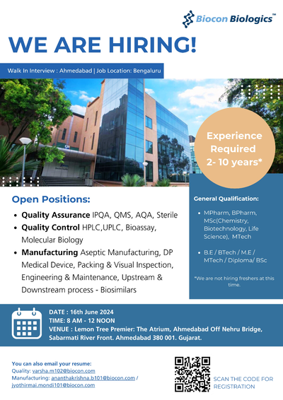 Biocon Biologics Hiring for QA/ QC/ Manufacturing - Bengaluru on 16th June 2024