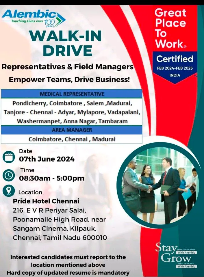 Alembic Pharma Hiring for MR/ AM - Multiple Locations on 7th June 2024