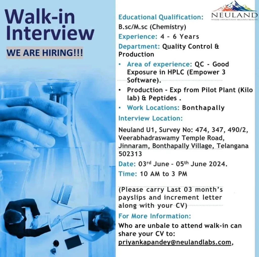 Neuland Laboratories Hiring in QC/ Production for B.sc/ M.sc (Chemistry)