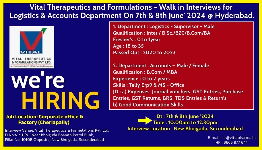 Vital Therapeutics Hiring for Freshers & Experience on 7th & 8th June 2024