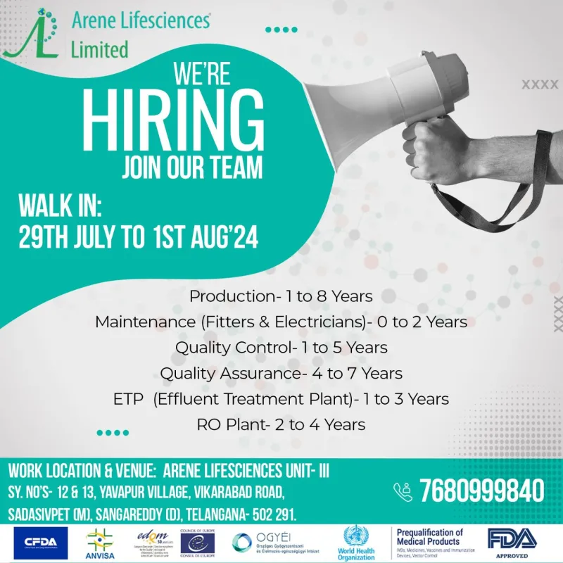 Arene Lifesciences Hiring for Production / QA / QC / ETP / RO Plant / Maintenance Arene Lifesciences Hiring for Production / QA / QC / ETP / RO Plant / Maintenance