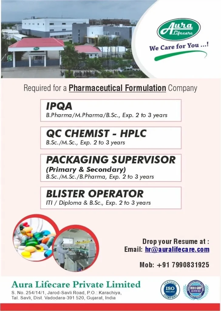 Aura Lifecare Hiring for B.Sc, M.Sc, B.Pharm, M.Pharm, ITI, Diploma Aura Lifecare Hiring for B.Sc, M.Sc, B.Pharm, M.Pharm, ITI, Diploma
