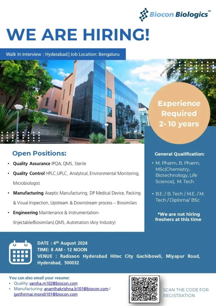 Biocon Biologics Hiring for B.Sc, M.Sc, B.Pharm, M.Pharm, B.E, B.Tech, M.E, M.Tech Biocon Biologics Hiring for B.Sc, M.Sc, B.Pharm, M.Pharm, B.E, B.Tech, M.E, M.Tech