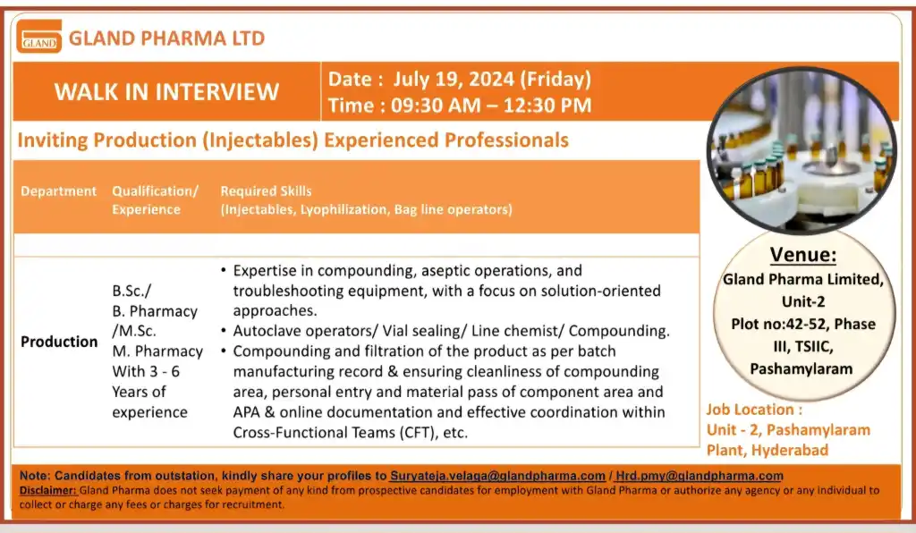 Gland Pharma Hiring for B.Sc, B.Pharm, M.Sc, M.Pharm Gland Pharma Hiring for B.Sc, B.Pharm, M.Sc, M.Pharm