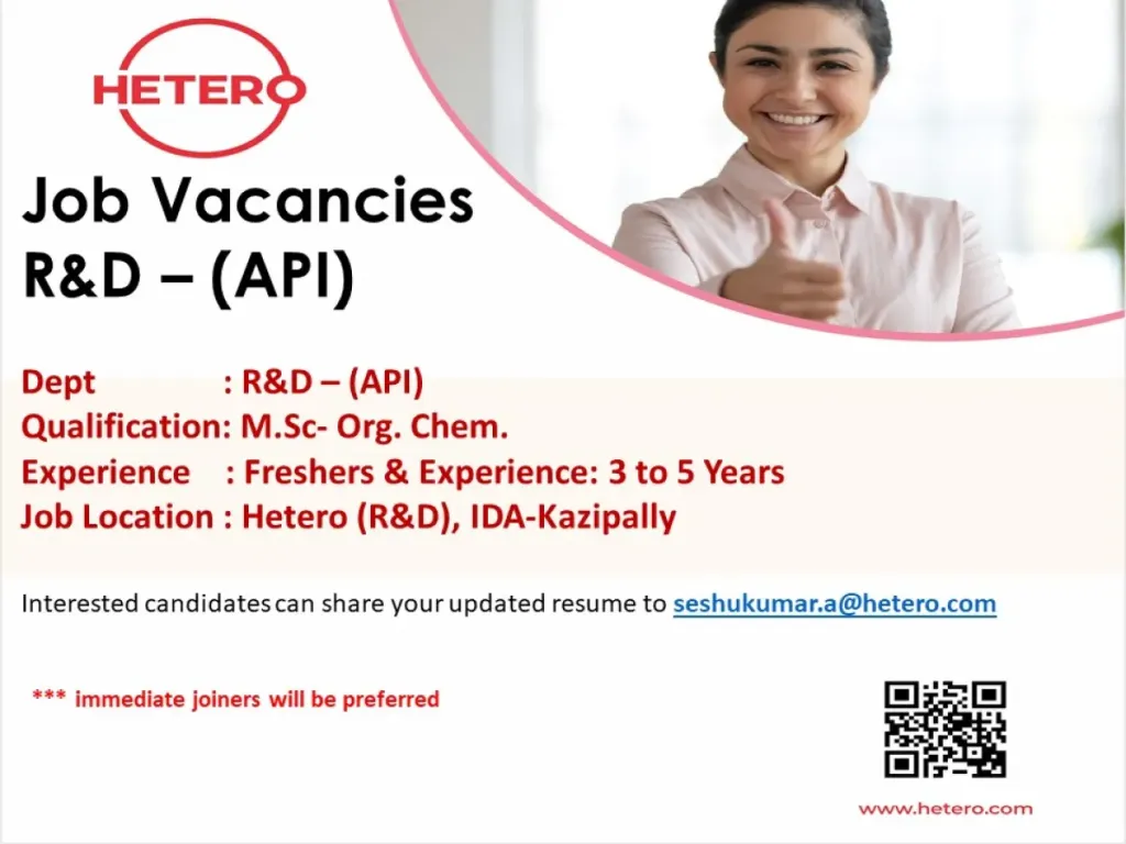 Hetero Immediate Hiring for Freshers & Experience for R&D Hetero Immediate Hiring for Freshers & Experience for R&D
