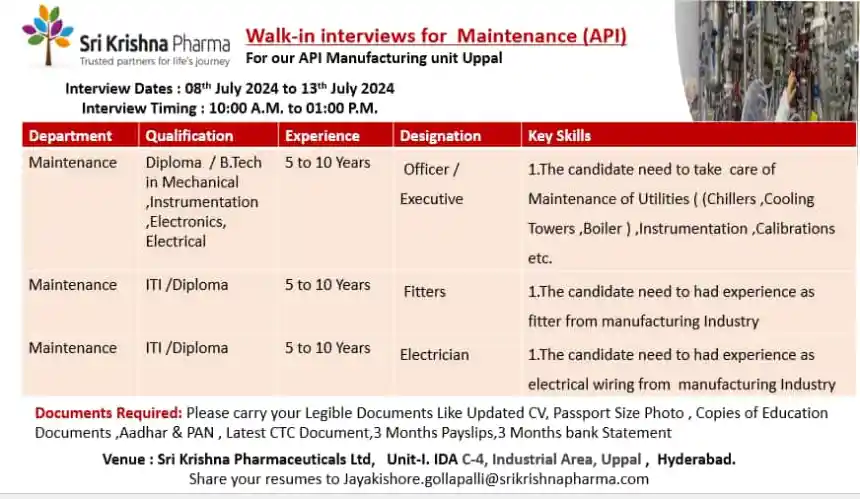 [100 Openings] Sri Krishna Pharma Hiring for M.Sc / B. Pharma / M. Pharma, SSC / ITI / Inter / B.Sc