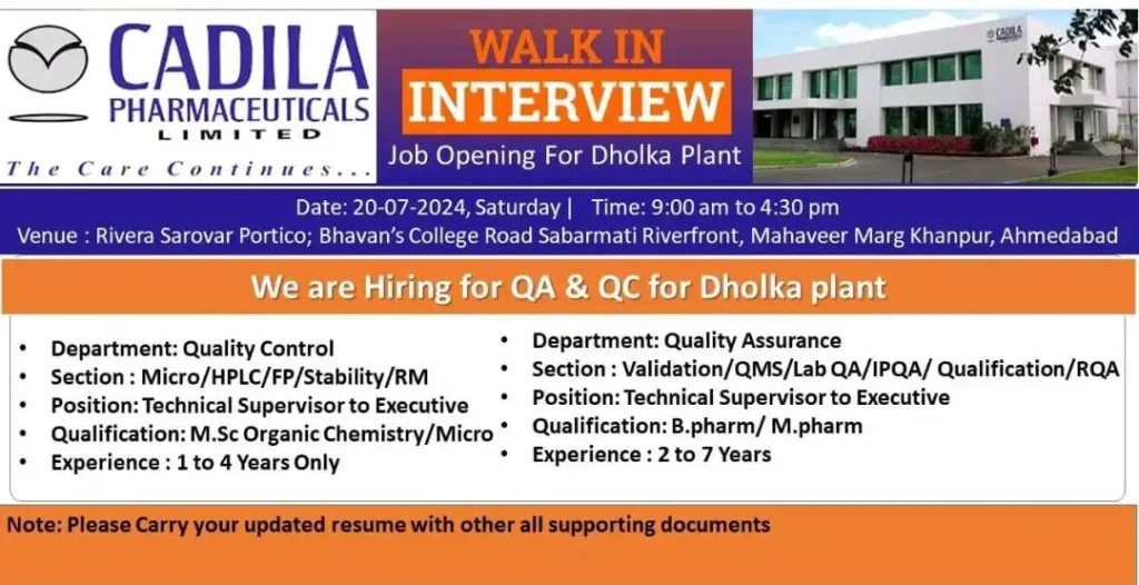 Cadila Pharma Hiring for QA & QC for Dholka Plant Cadila Pharma Hiring for QA & QC for Dholka Plant