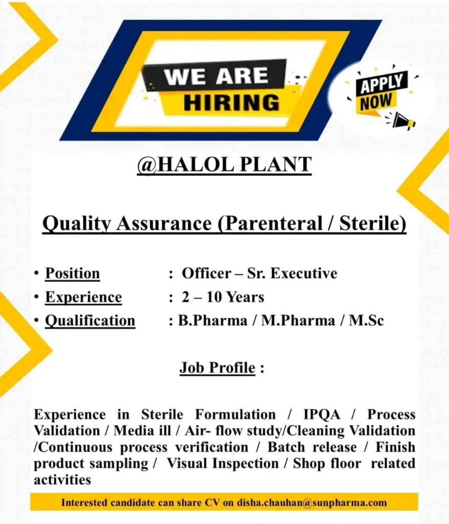 Sun Pharma Hiring for Quality Assurance - B.Pharma / M.Pharma / M.Sc