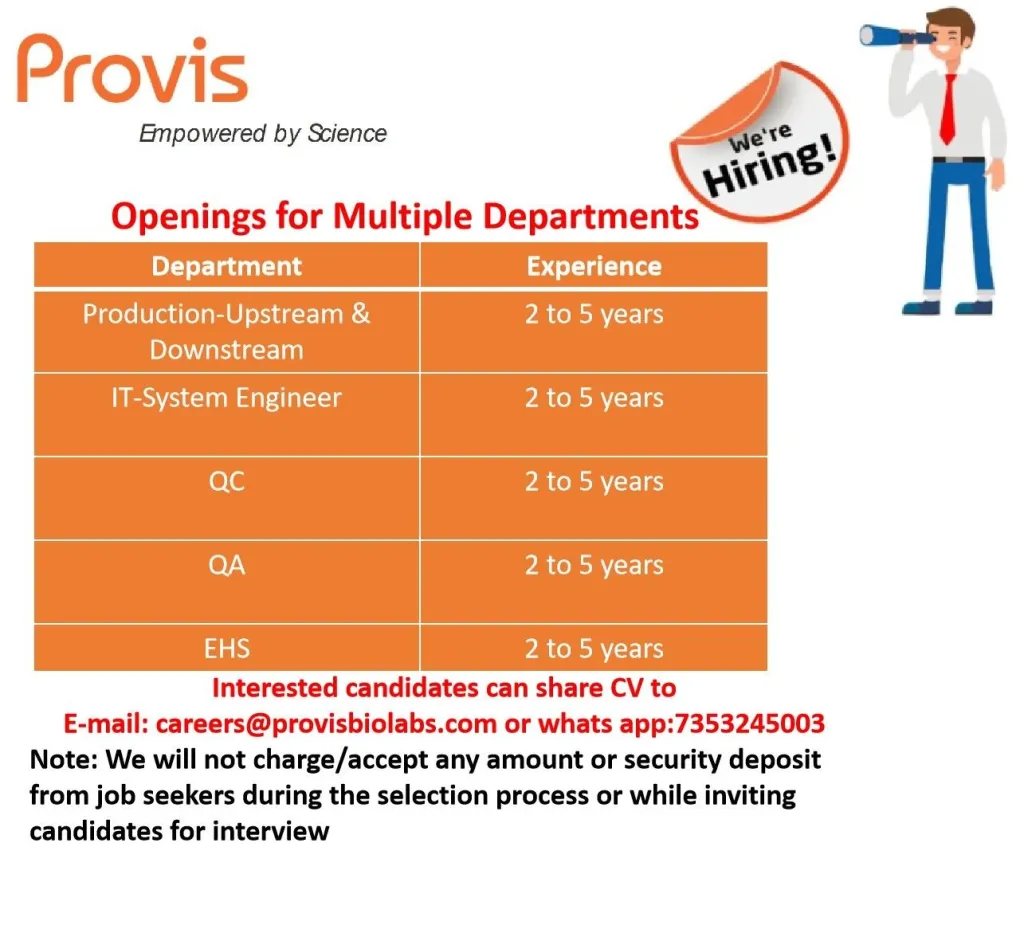 Provis Biolabs Hiring for Production / QA / QC / EHS / IT