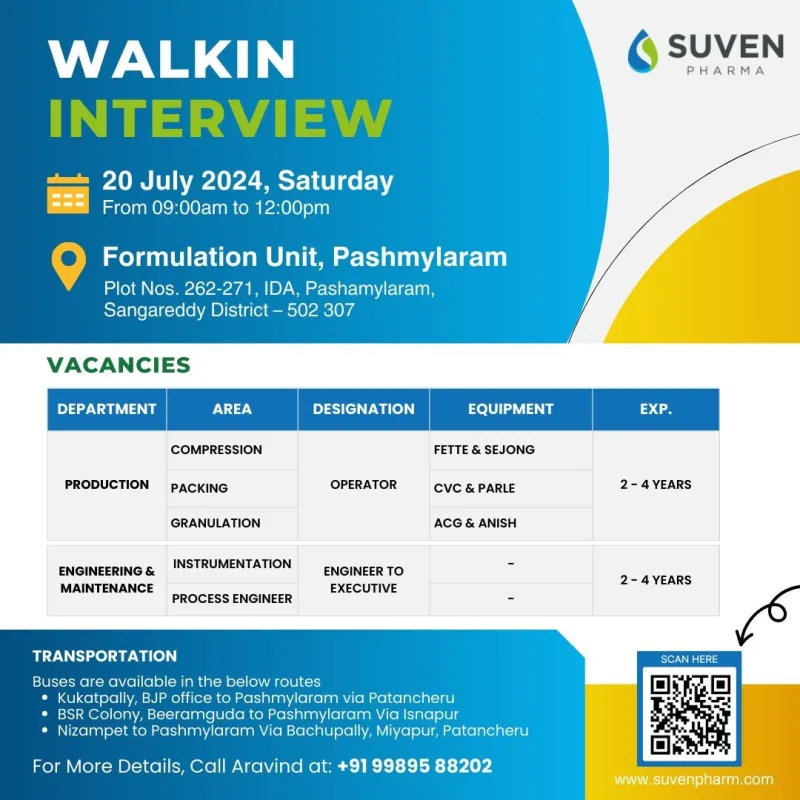 Suven Pharma Hiring for Production / Engineering & Maintenance