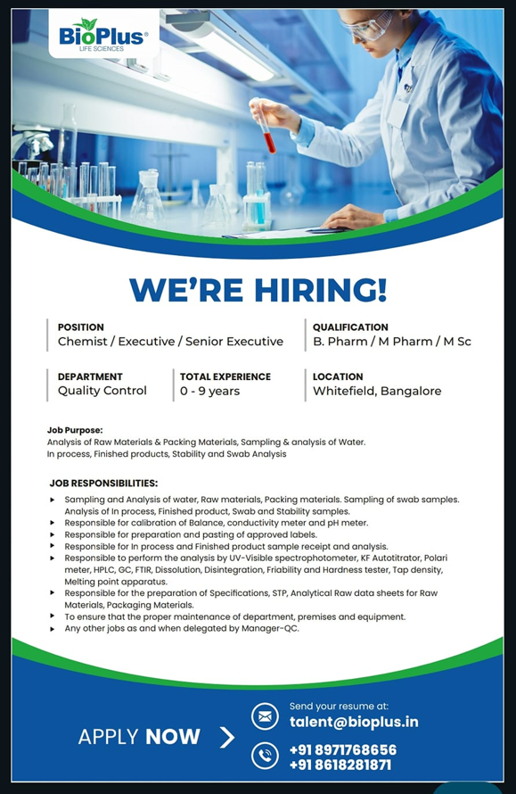 [Freshers & Experience] Bioplus Hiring for M.Sc, B.Pharm, M.Pharm @Bangalore