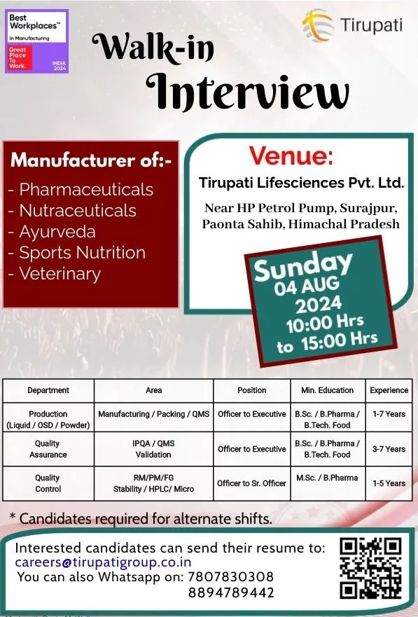 Tirupati Medicare Hiring for Production / QC / QA Tirupati Medicare Hiring for Production / QC / QA