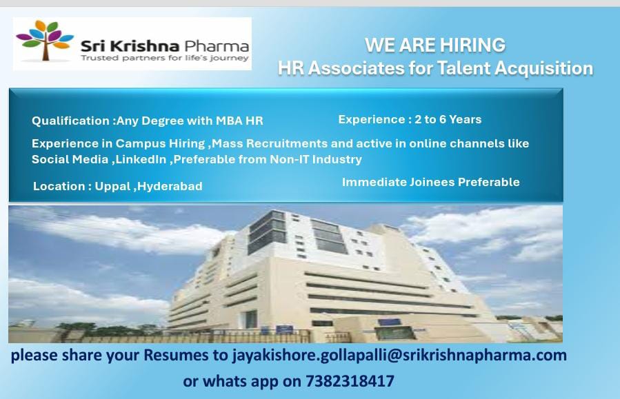 Sri Krishna Pharma Hiring HR Associates for Talent Acquisition