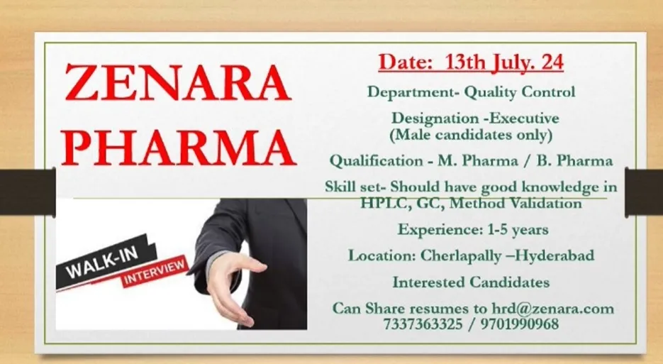 Zenara Pharma Hiring for QC - B. Pharma/ M. Pharma Zenara Pharma Hiring for QC - B. Pharma/ M. Pharma