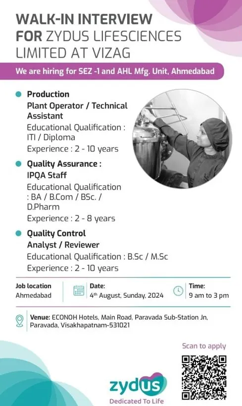 Zydus Life Sciences Hiring for Production / QC / QA