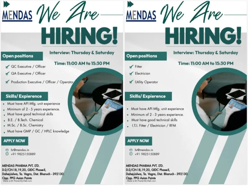 Mendas Pharma Hiring for QC / QA / Production / Fitter / Electrician / Utility Operator Mendas Pharma Hiring for QC / QA / Production / Fitter / Electrician / Utility Operator